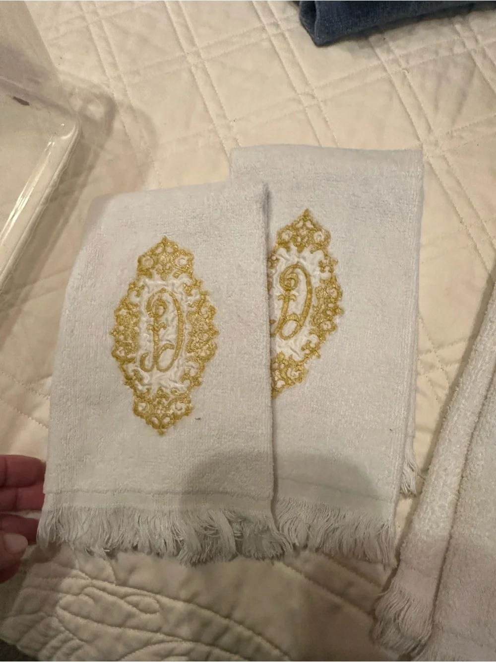 4 Luxury White Guest (2) and Hand (2) Towels with Gold Embroidered Medallion